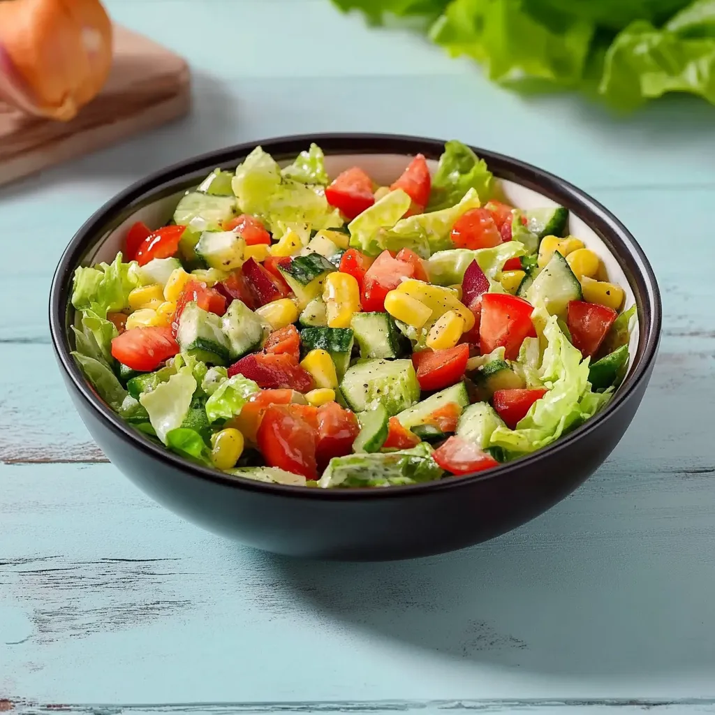 Ein schönes Salat in einem schwarzen Behälter auf einem Tisch.
