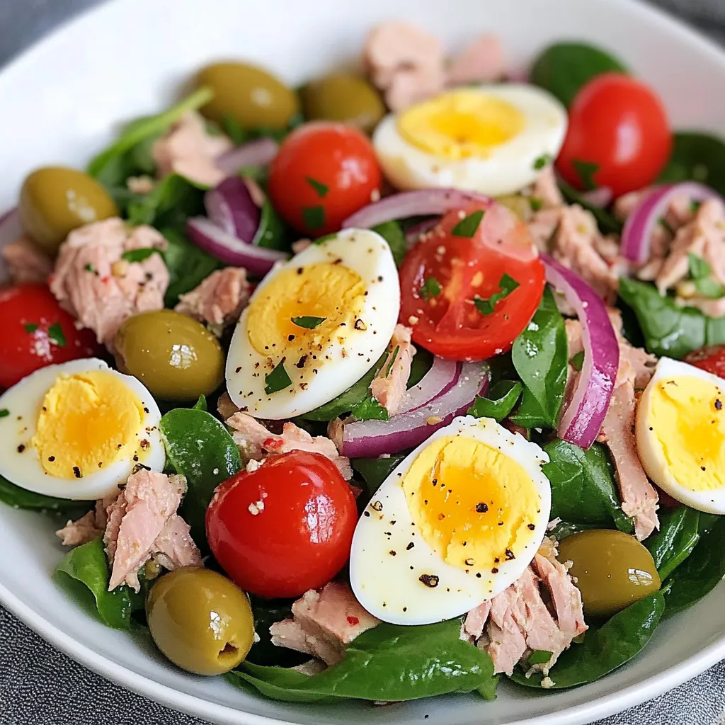 Ein weißer Teller mit einer Mischung aus Eiern, Tomaten, Oliven und Salat.