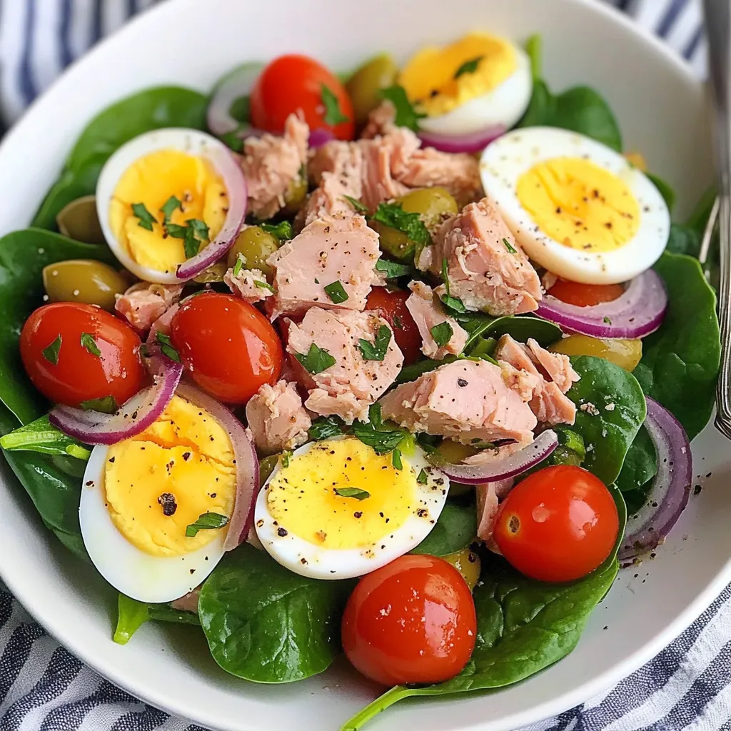 Ein weißer Teller mit einer Mischung aus Eiern, Tomaten, Salat, Garnelen und Lachs.