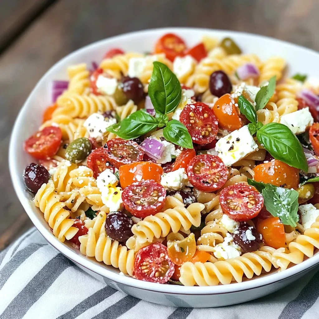 Ein weißer Teller mit Pasta, Tomaten, Basilikum und Oliven.