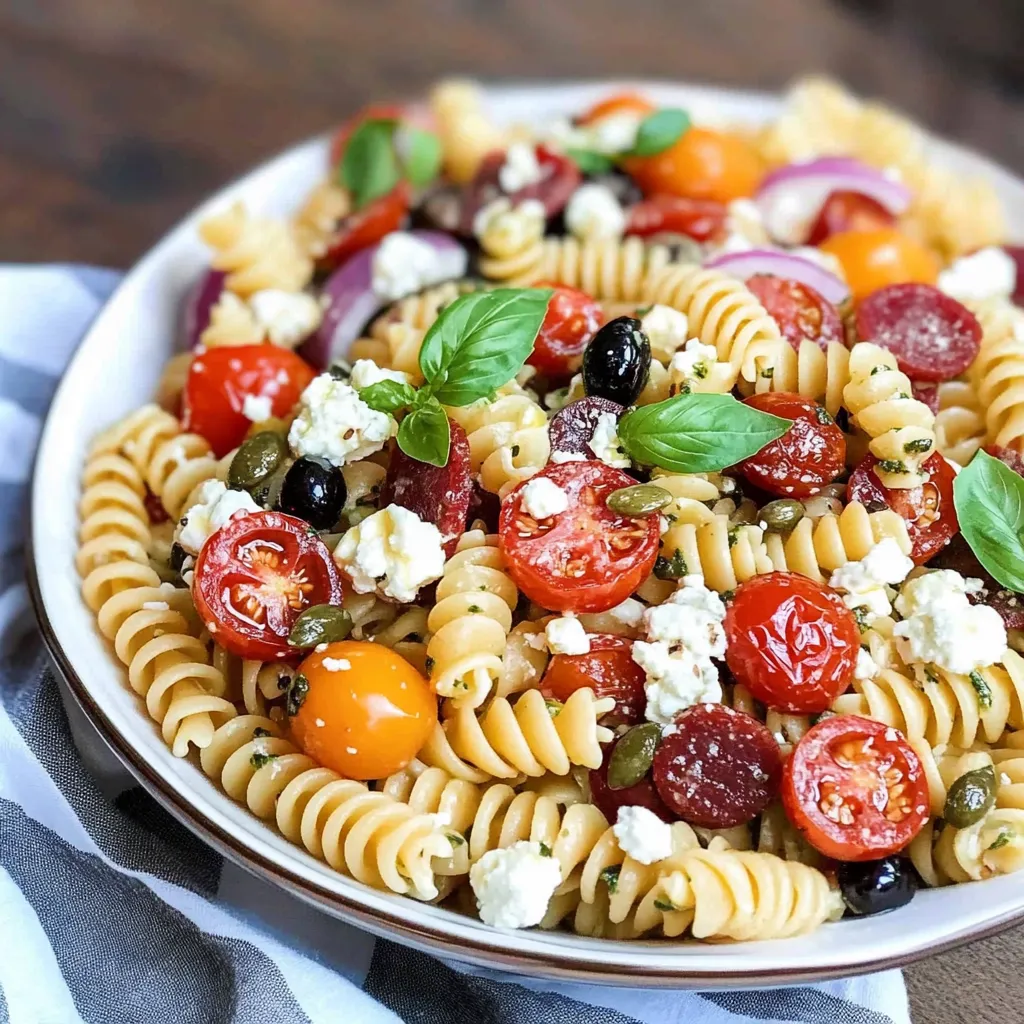 Ein weißer Teller mit Pasta, Tomaten, Zwiebeln und Oliven.