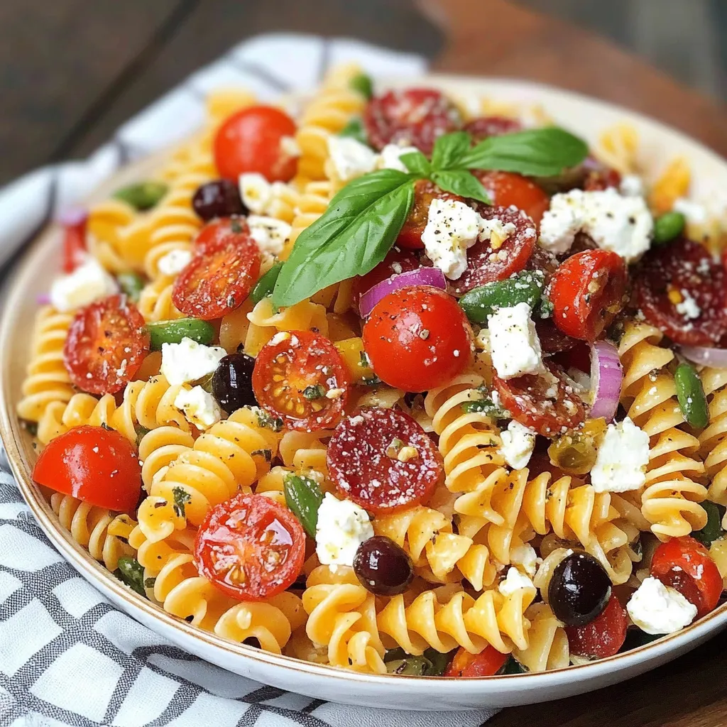 Ein weißer Teller mit Pasta, Tomaten, Basilikum, Zwiebeln und Oliven.