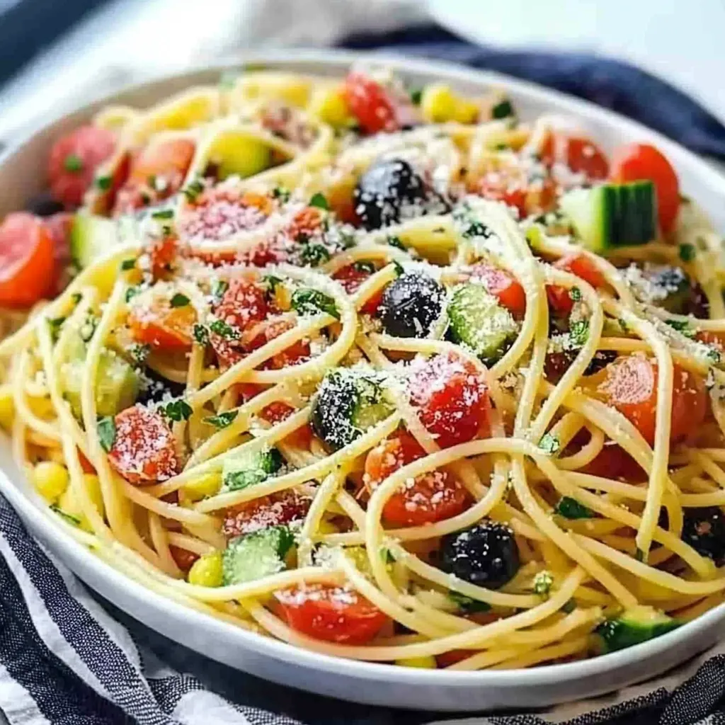 Ein weißer Teller mit einer Mischung aus Pasta, Tomaten, Zucchini, Kohlrabi, Zwiebeln und Oliven.