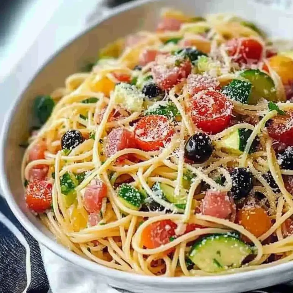 Ein weißer Teller mit einer Mischung aus Pasta, Zucchini, Tomaten, Basilikum und Olivenöl.