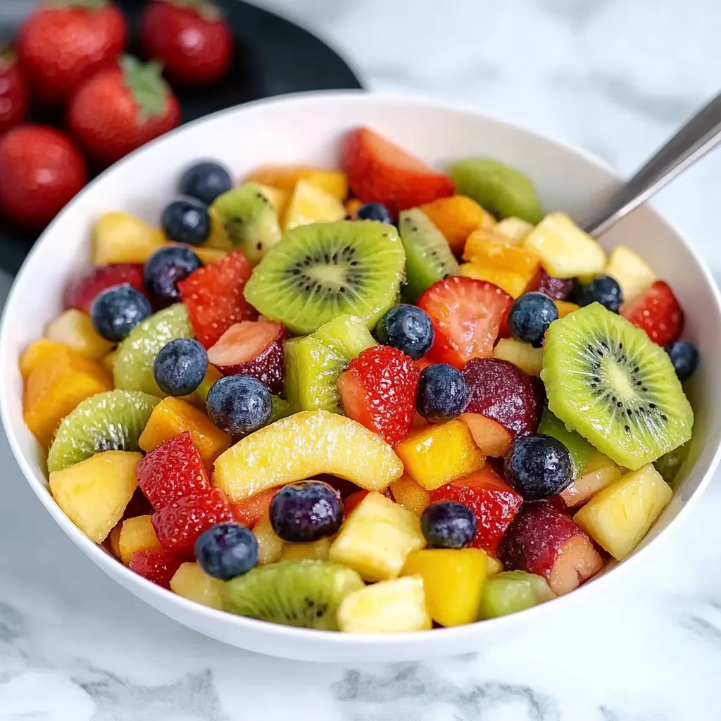 Ein weißer Becher mit frischem Obst, darunter Strawberries, Kiwi, Pineapple, Blueberries und andere Früchte.
