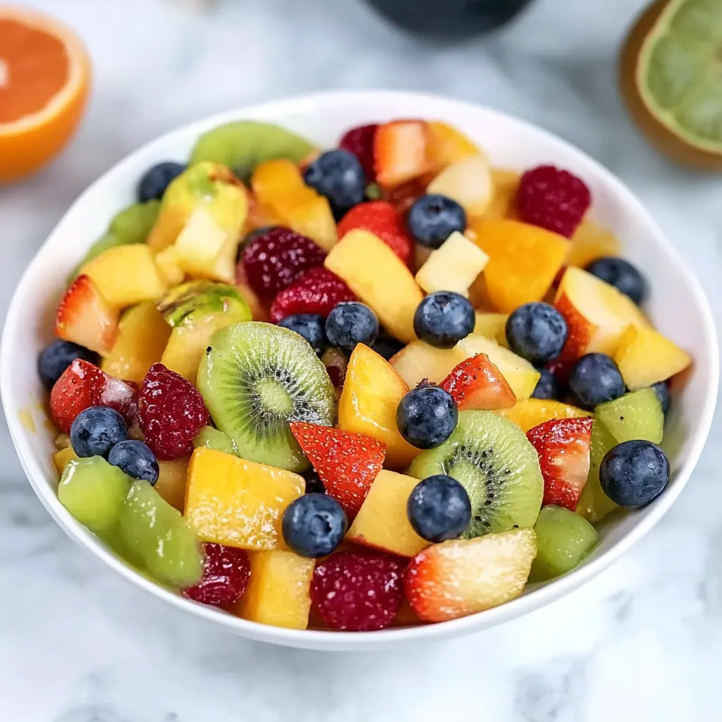 Ein weißer Becher mit frischem Obst, darunter Orangenschein, Apfel, Banane, Zitrone, Raspberry und Blueberry.