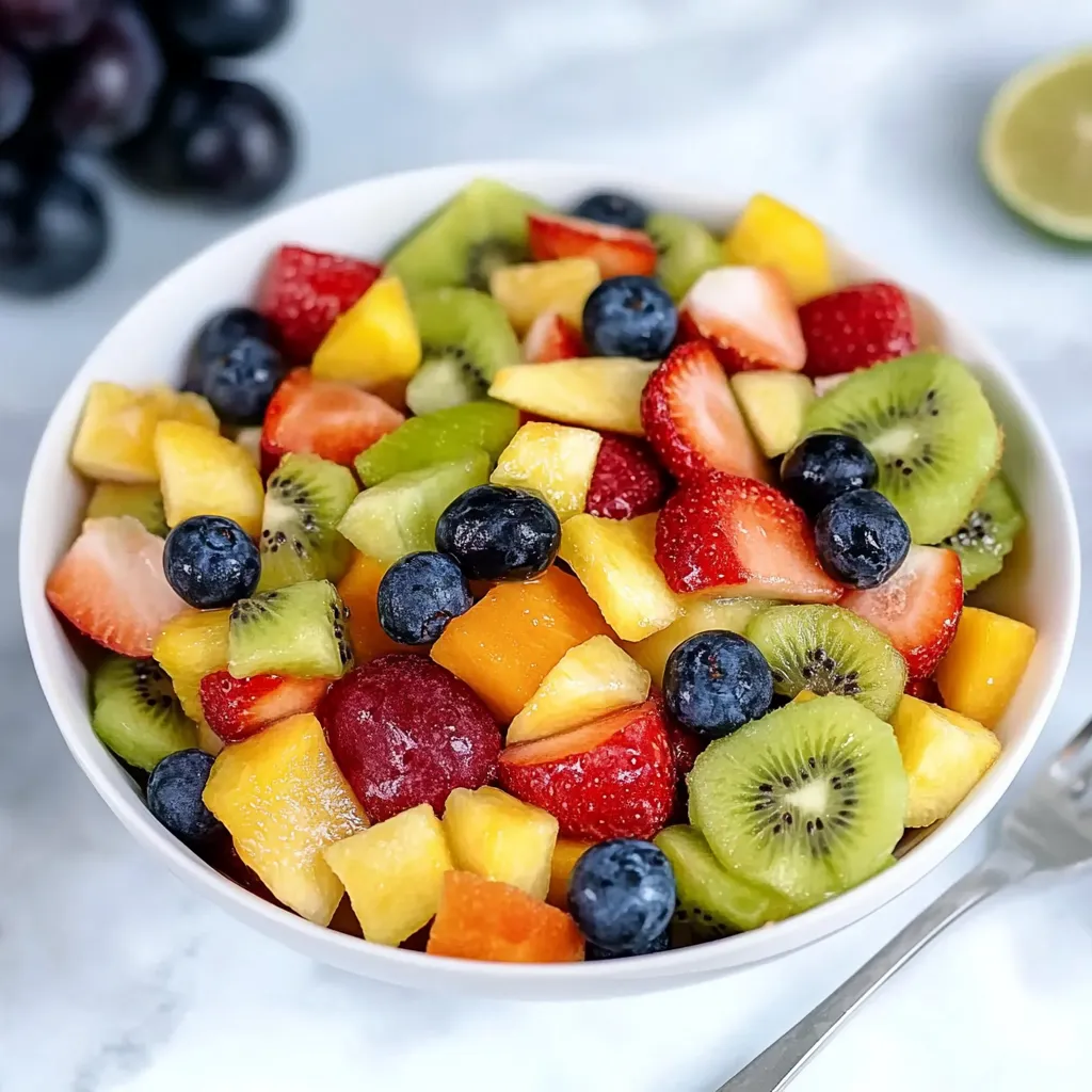Ein weißer Becher mit frischem Obst, darunter Ananas, Mangos, Papaya, Lime, Grapefruit, Zitrusfrüchte und eine Handvoll Blaubeeren.