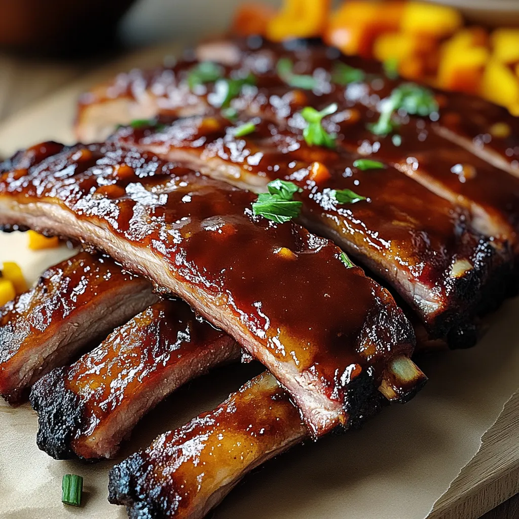 Zwei Stücke von Ribs mit Sauce auf einem Teller.