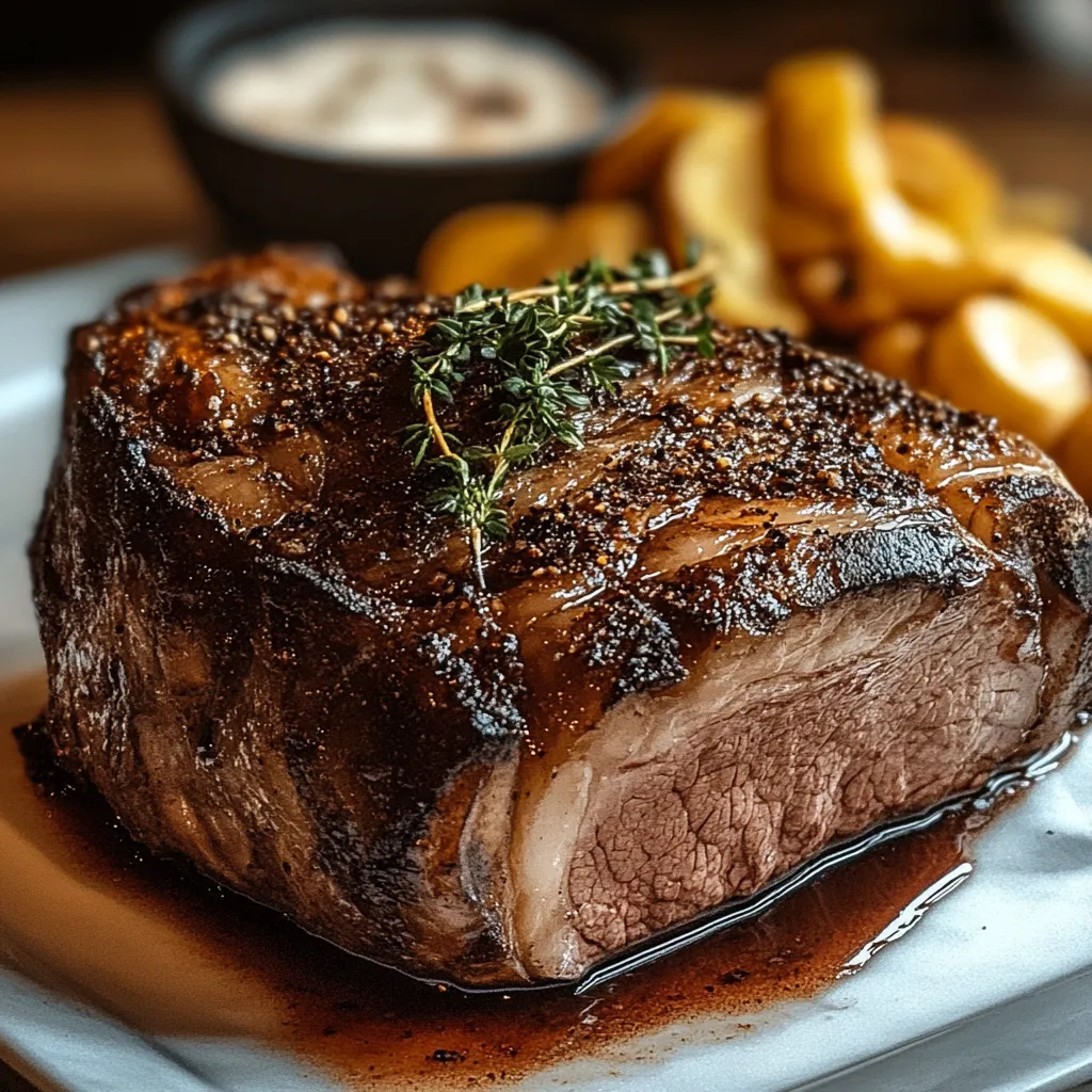 Eine prägnante Bildbeschreibung lautet: "Ein großes Stück Rindfleisch mit Kräutern auf einem Teller.