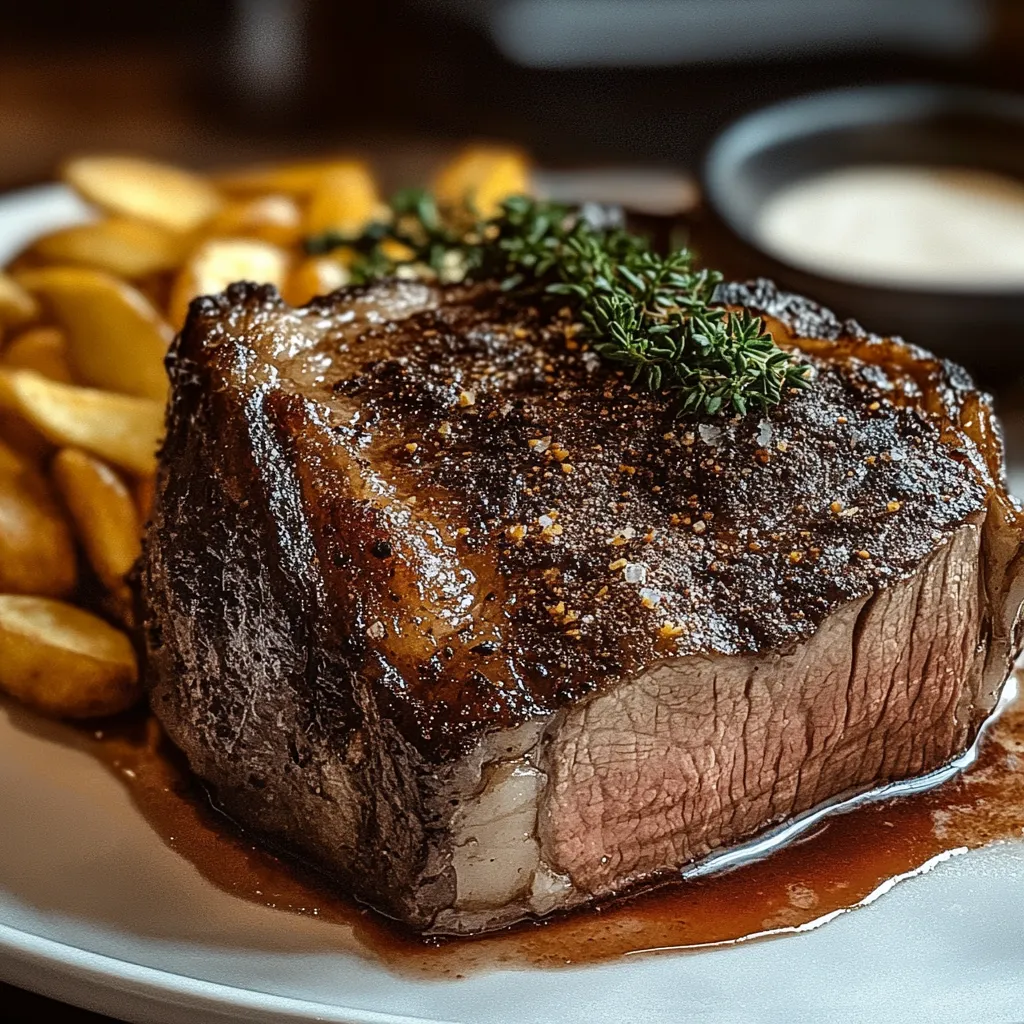 Ein Rindfleischstück mit Sauce auf einem weißen Teller.