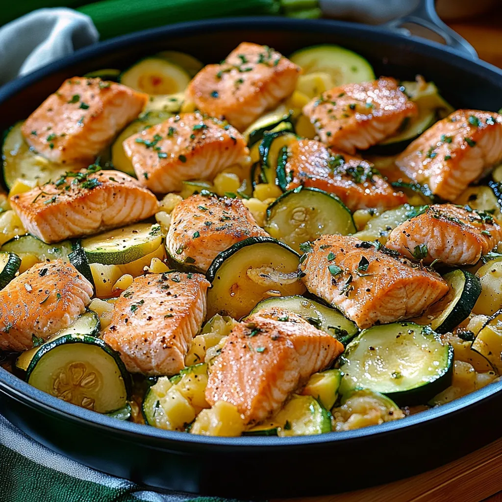 Ein schmackhaftes Gericht aus Salat, Zucchini und Salmon.