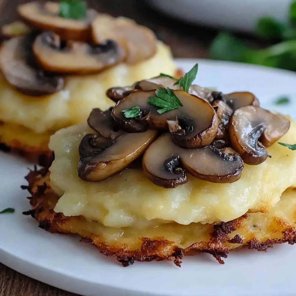 Eine Platte mit zwei Muffins, die mit Champignons und Zwiebeln garniert sind.