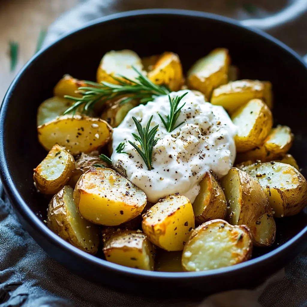 Ein schwarzer Teller mit einer Mischung aus Kartoffeln, Zwiebeln und Mayonnaise.