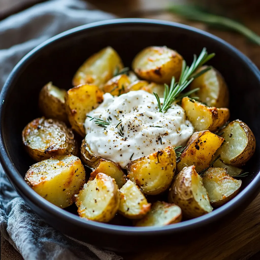 Ein schwarzes Bowl mit gegrillten Paprika und Kartoffeln, die mit Mayonnaise und Kräutern garniert sind.