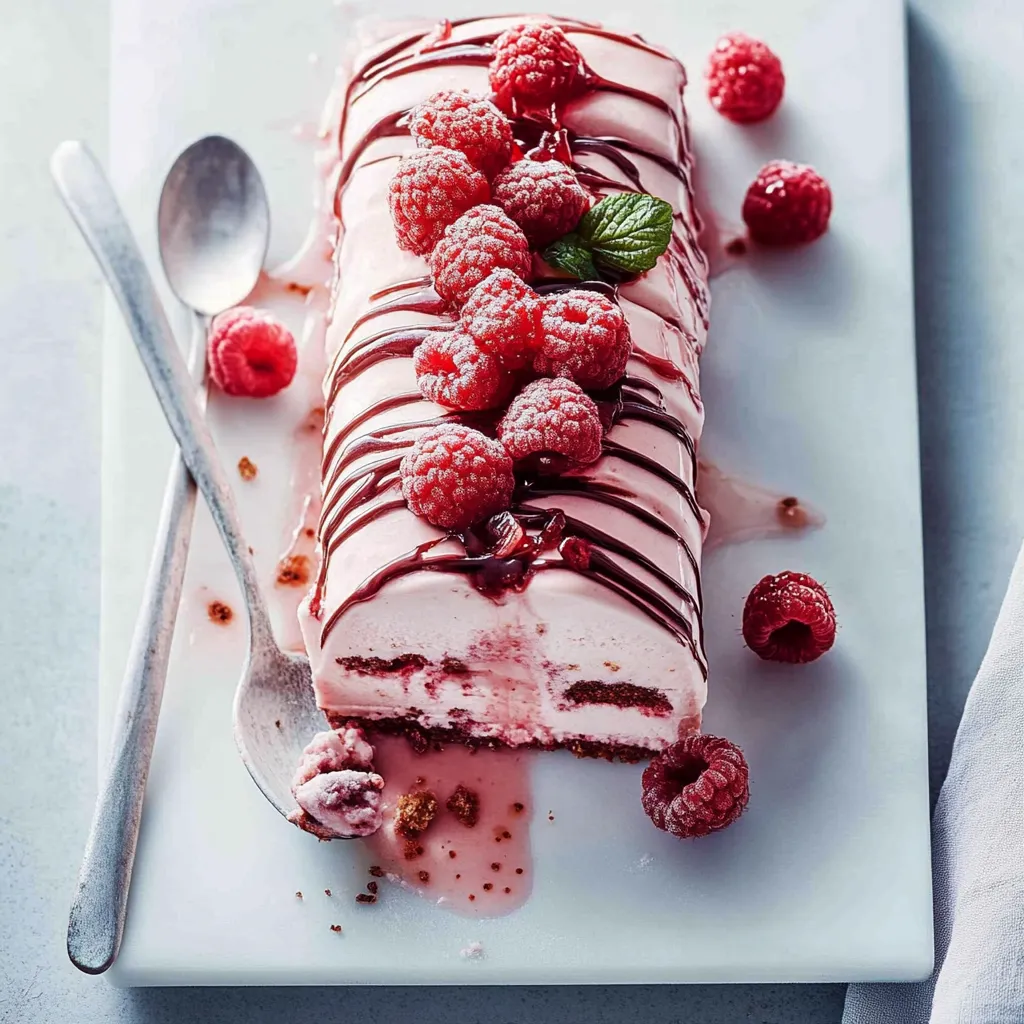 Eine Schokoladenganache mit Raspberrys und Schokoladenglasur auf einem weißen Teller.