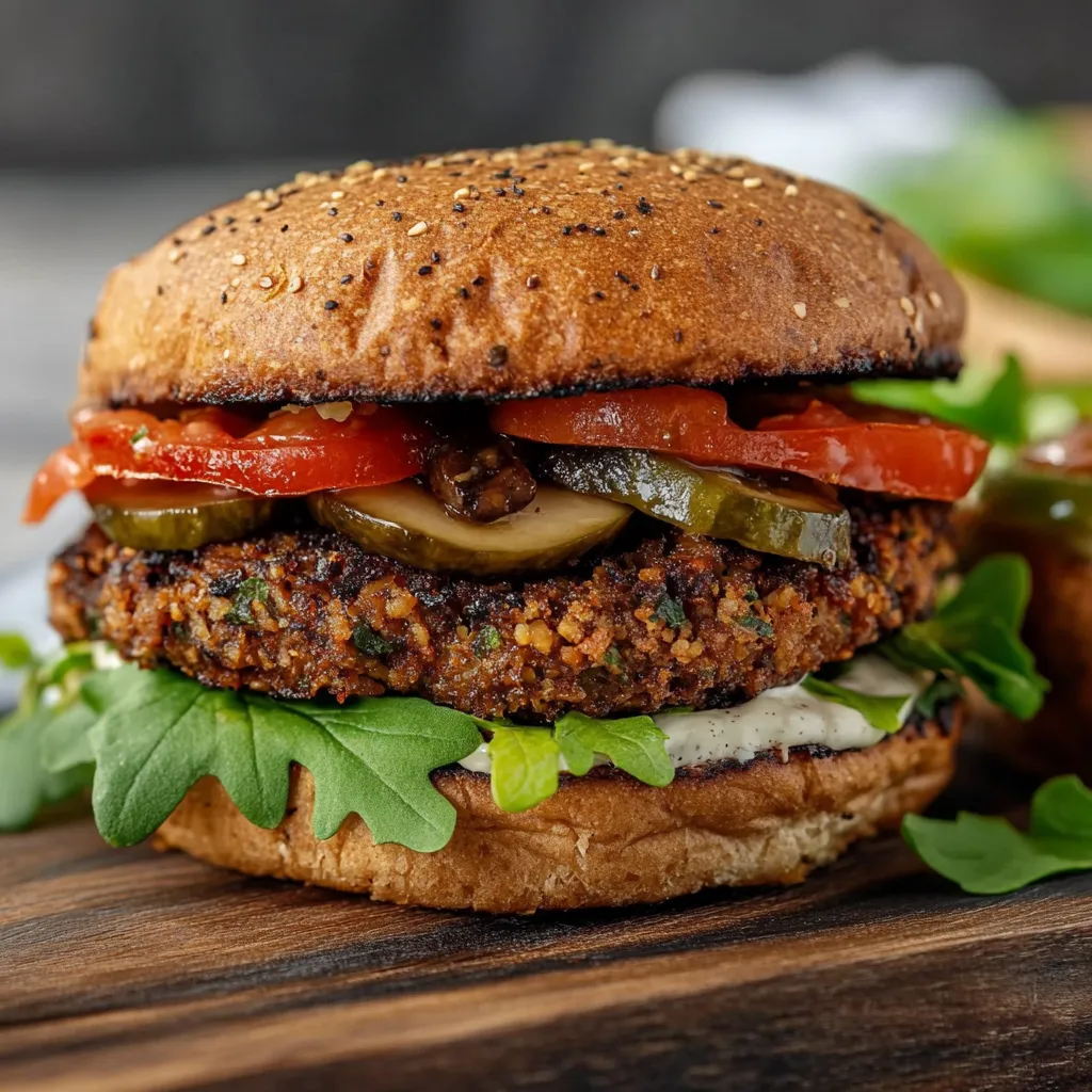 Eine Hamburger mit Tomaten, Zwiebeln, Käse und einer Mischung aus Fleisch und Gemüse auf einem Holzblock.
