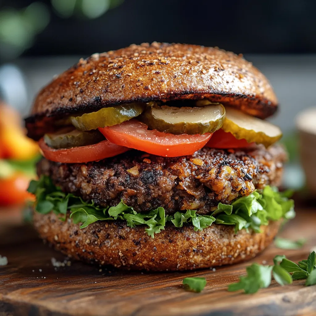 Ein Hamburger mit Tomaten, Zwiebeln und Knoblauch auf einem Holzblock.