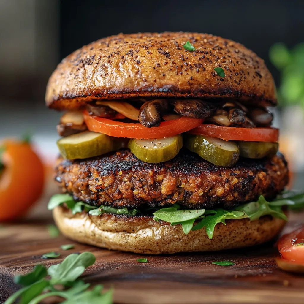 Eine große Hamburger mit Tomaten, Zwiebeln, Mushrooms und Ketchup auf einem Tisch.