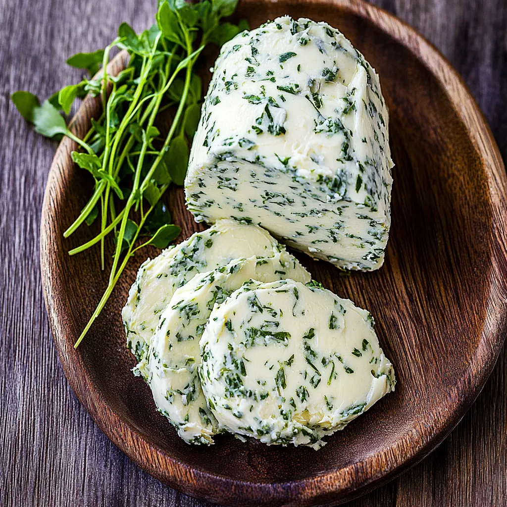 Zwei Stücke Butter mit grünem Zwieback auf einem Brett.