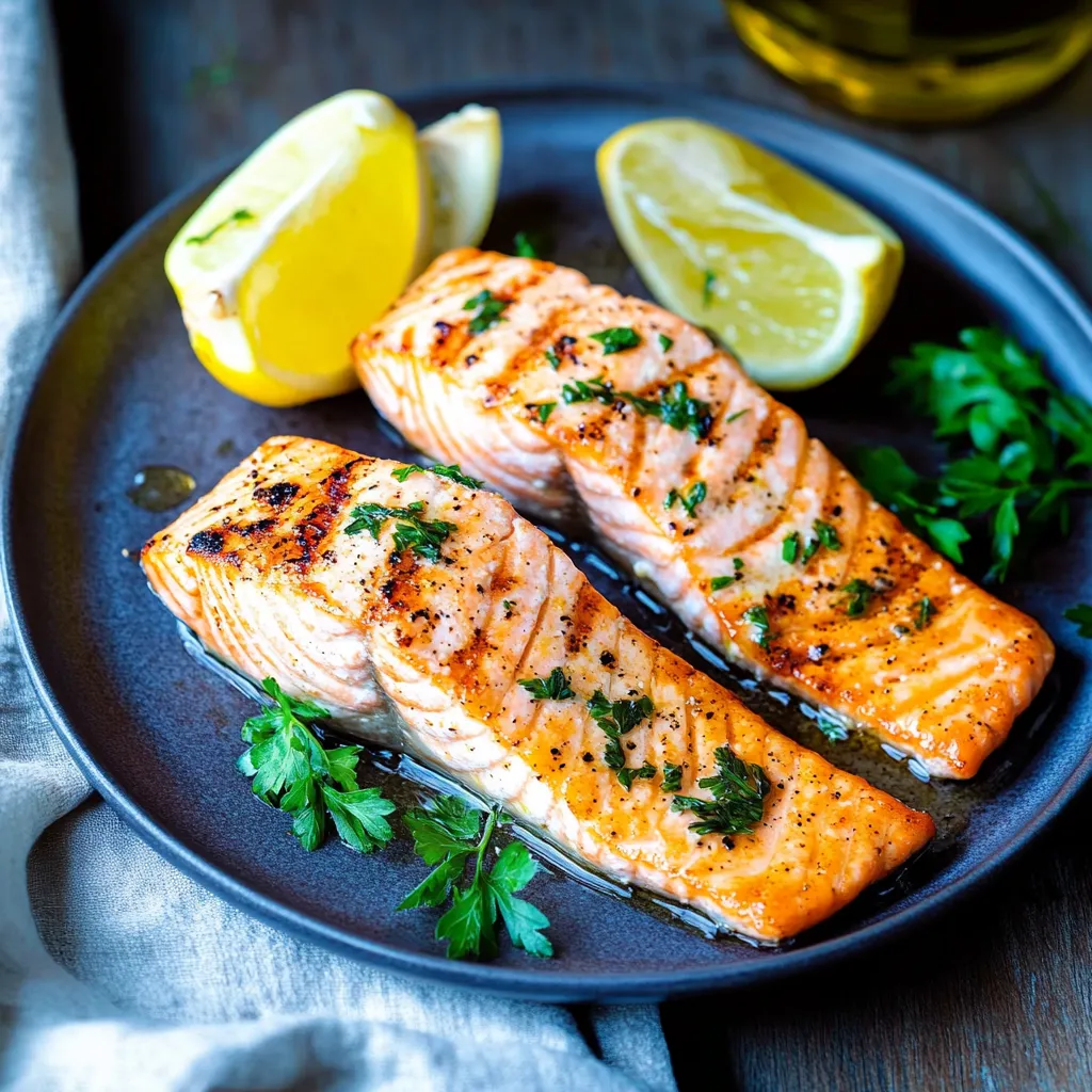 Ein Plate mit zwei Salmonschen, die mit Zitronen und Gewürzen garniert sind.