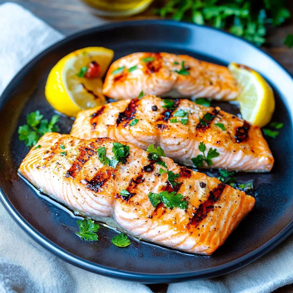 Ein Plate mit zwei Salmonschnitten, die mit Zwiebeln und Knoblauch garniert sind.