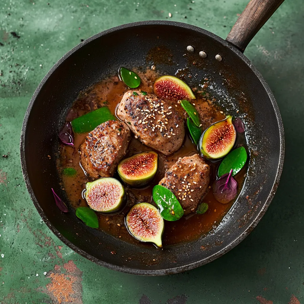 Ein schwarzes Kochgeschirr mit einer Mischung aus Fleisch, Frucht und Gewürzen.