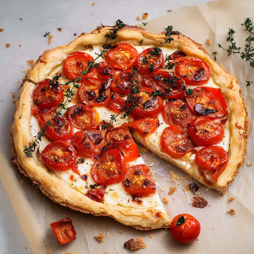 Eine halbe Tomaten-Pizza mit Zwiebeln auf einem Teller.