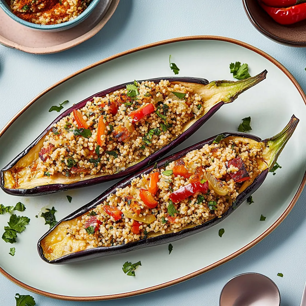 Zwei gegrillte Zucchini mit einer Mischung aus Reis und Gemüse.