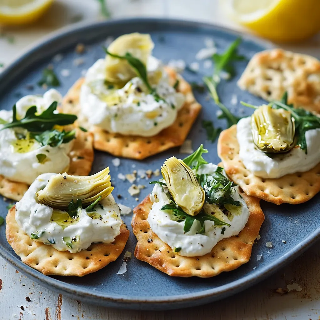 Eine Platte mit sechs quadratischen, leicht gebackenen, weißen und grünen Brotstücken, die mit Mayonnaise und Zwiebeln garniert sind.