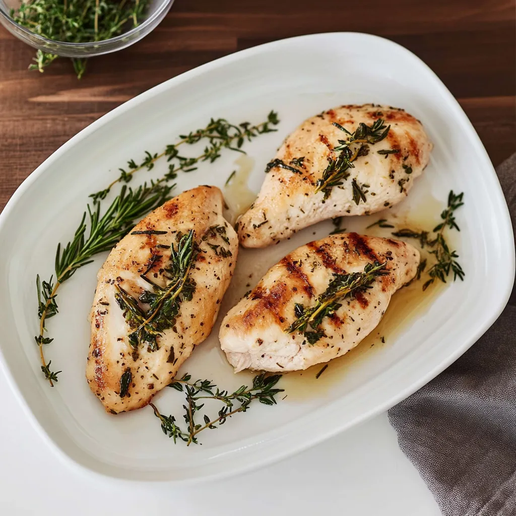 Ein weißer Teller mit zwei gebratenen Chickenportionen, die mit Zwiebeln und Kräutern garniert sind.