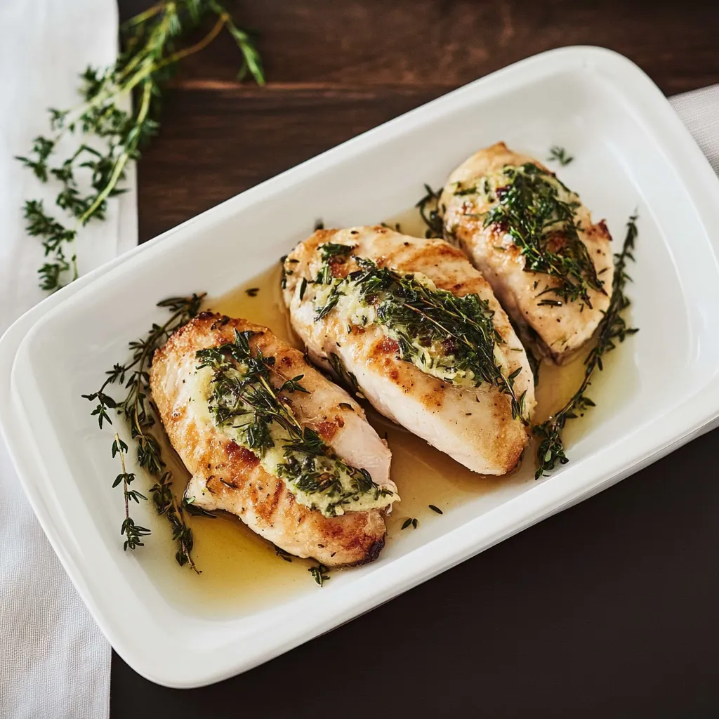 Ein weißer Teller mit zwei gebratenen Chickenportionen, die mit Parsley und Zwiebeln garniert sind.