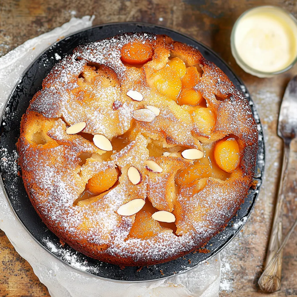 Eine Tafel mit einem Kuchen, der mit Zucker und Mandeln bestreut ist.