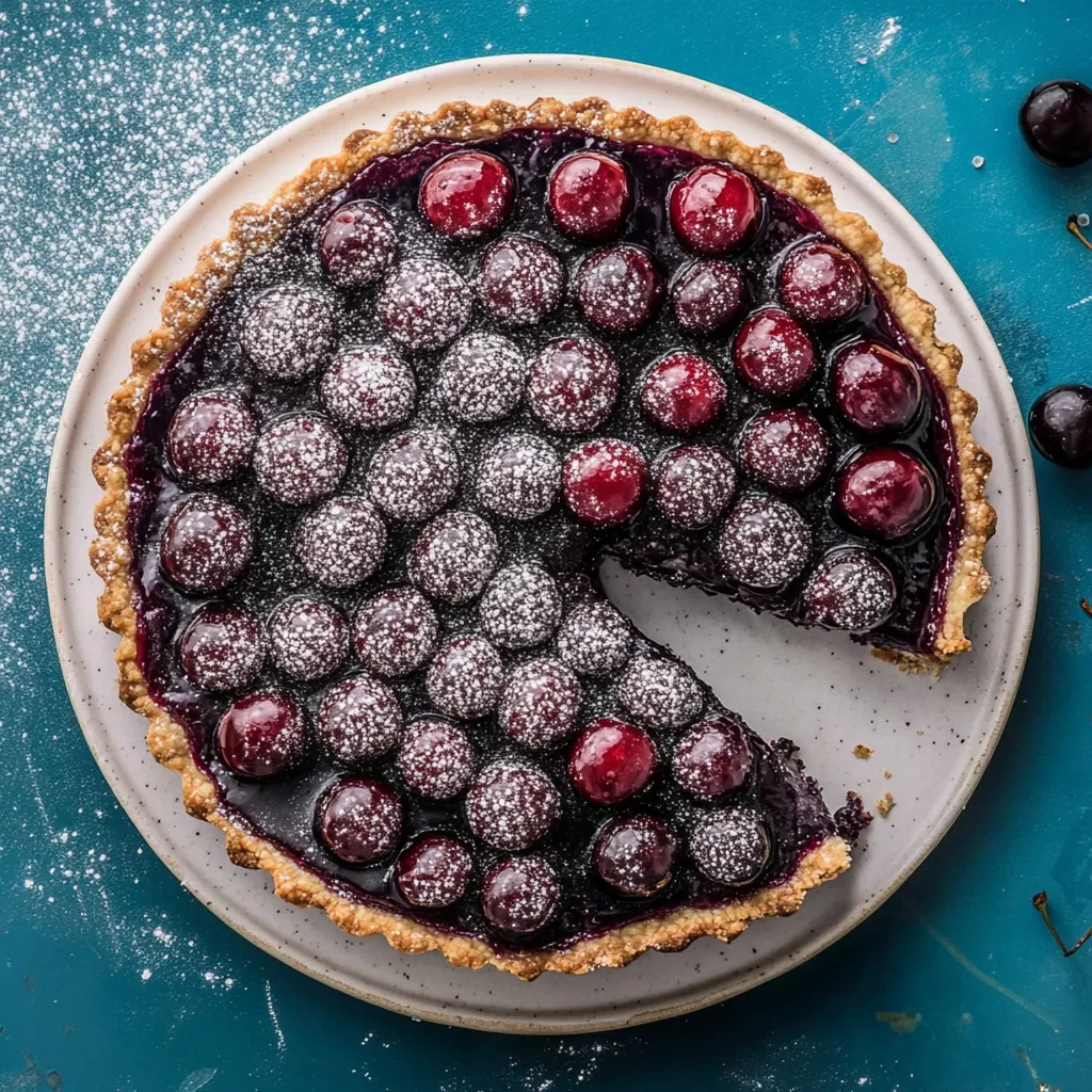 Eine Tasse mit einem Pie mit Cherry-Topping auf einem Tisch.