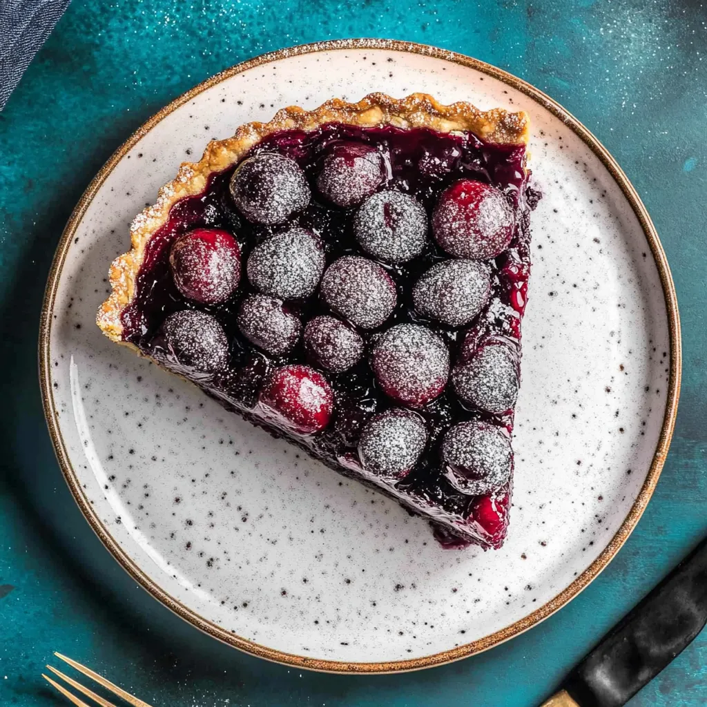 Eine Platte mit einem Stück Kuchen, der mit Beeren und Zucker bestreut ist.
