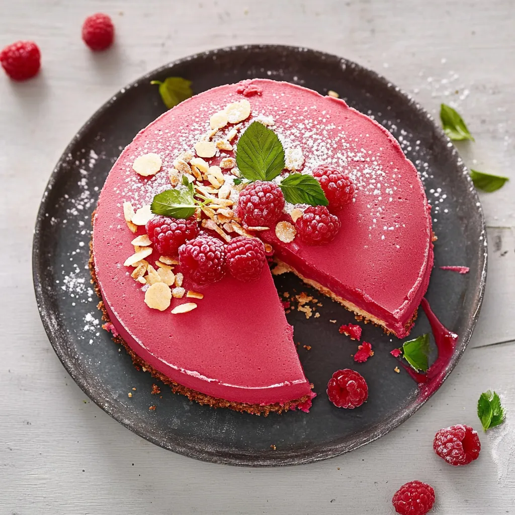 Eine Raspberry-Kuche mit Raspberry-Blättern auf einem Teller.