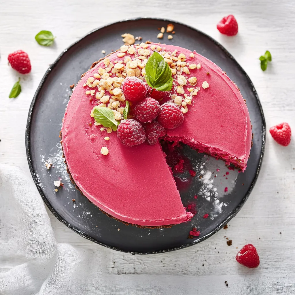 Eine süße Raspberry-Kuche mit frischem Raspberry-Zwiebeln auf einem Teller.