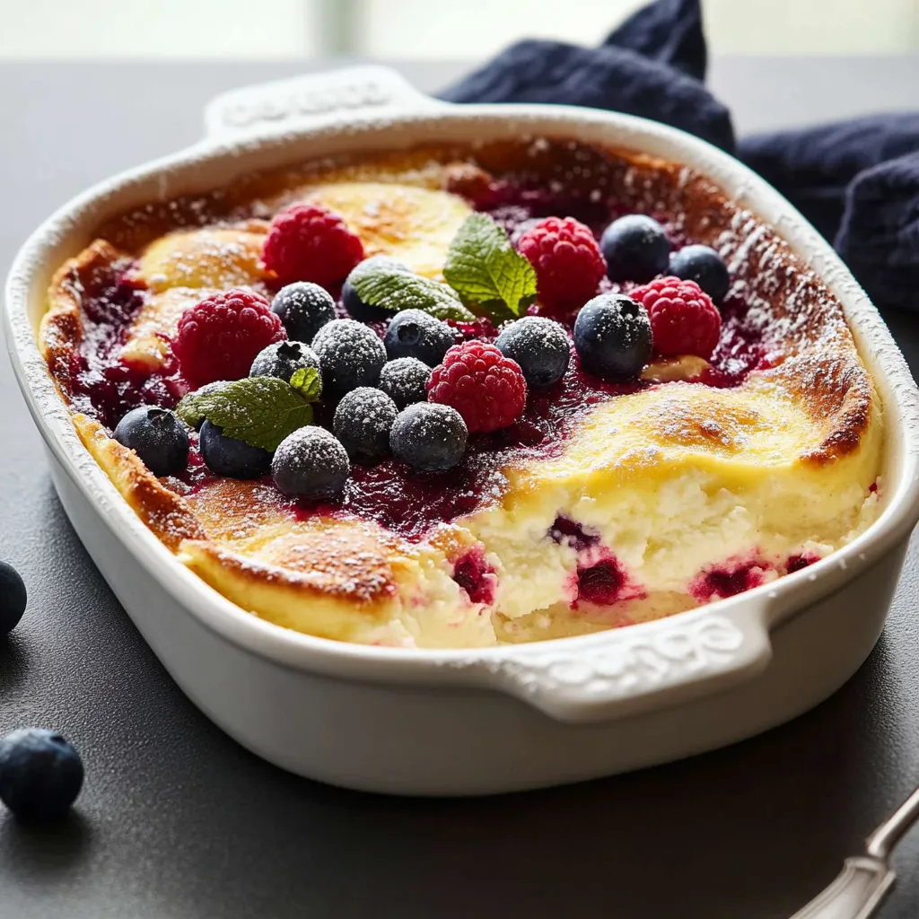 Ein weißer Teller mit einer Raspberry-Bircher-Sandwich, die mit Blueberries und Mint garniert ist.