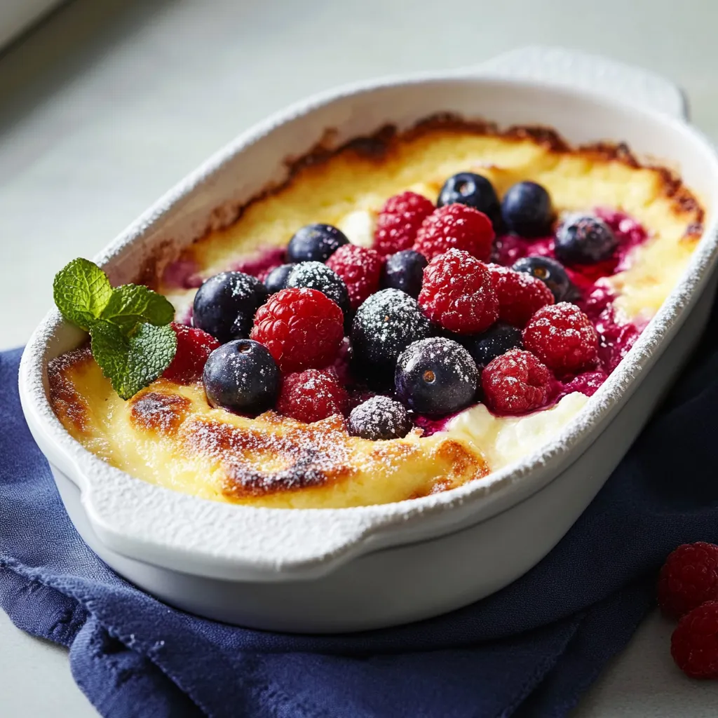 Ein weißer Teller mit einer cremigen Zubereitung, die mit Raspberry und Blaubeeren garniert ist.