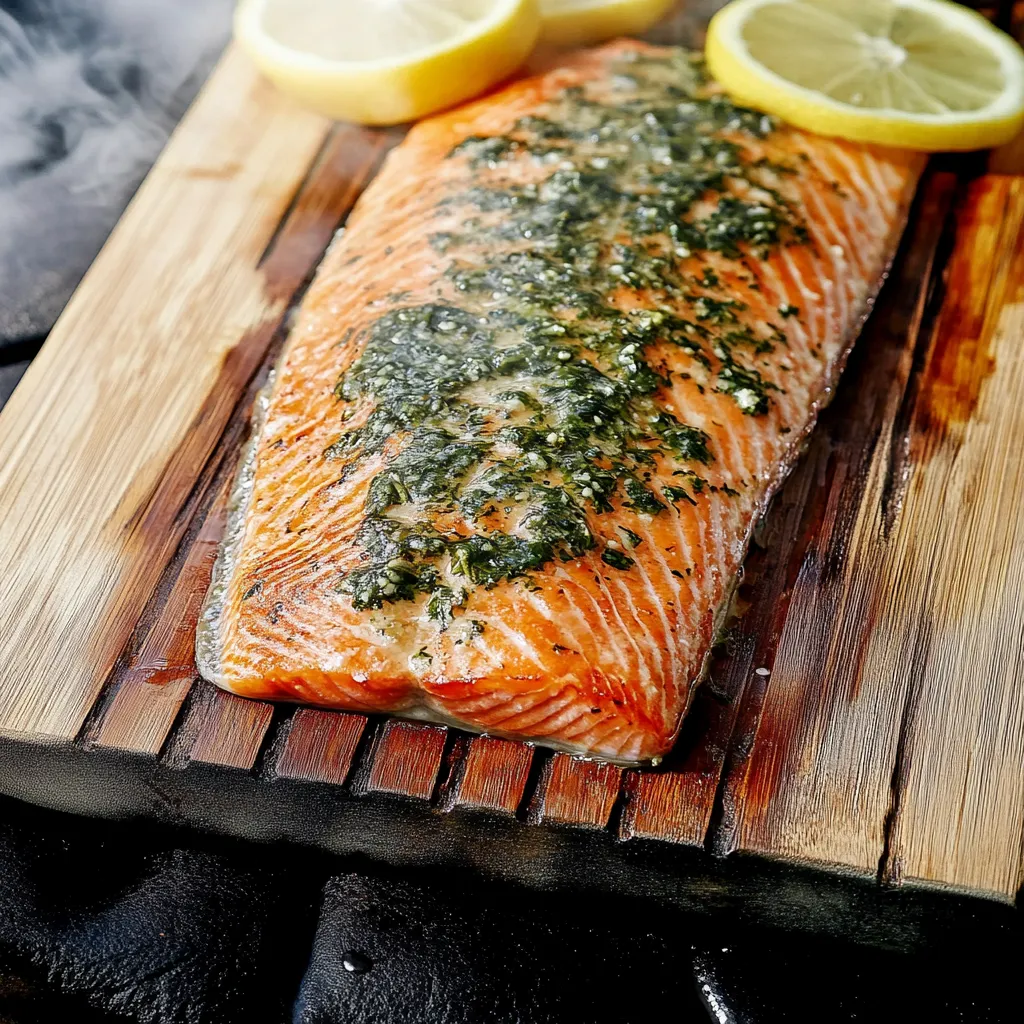 Ein Salmonfilet auf einem Brett, garniert mit Zitronen.