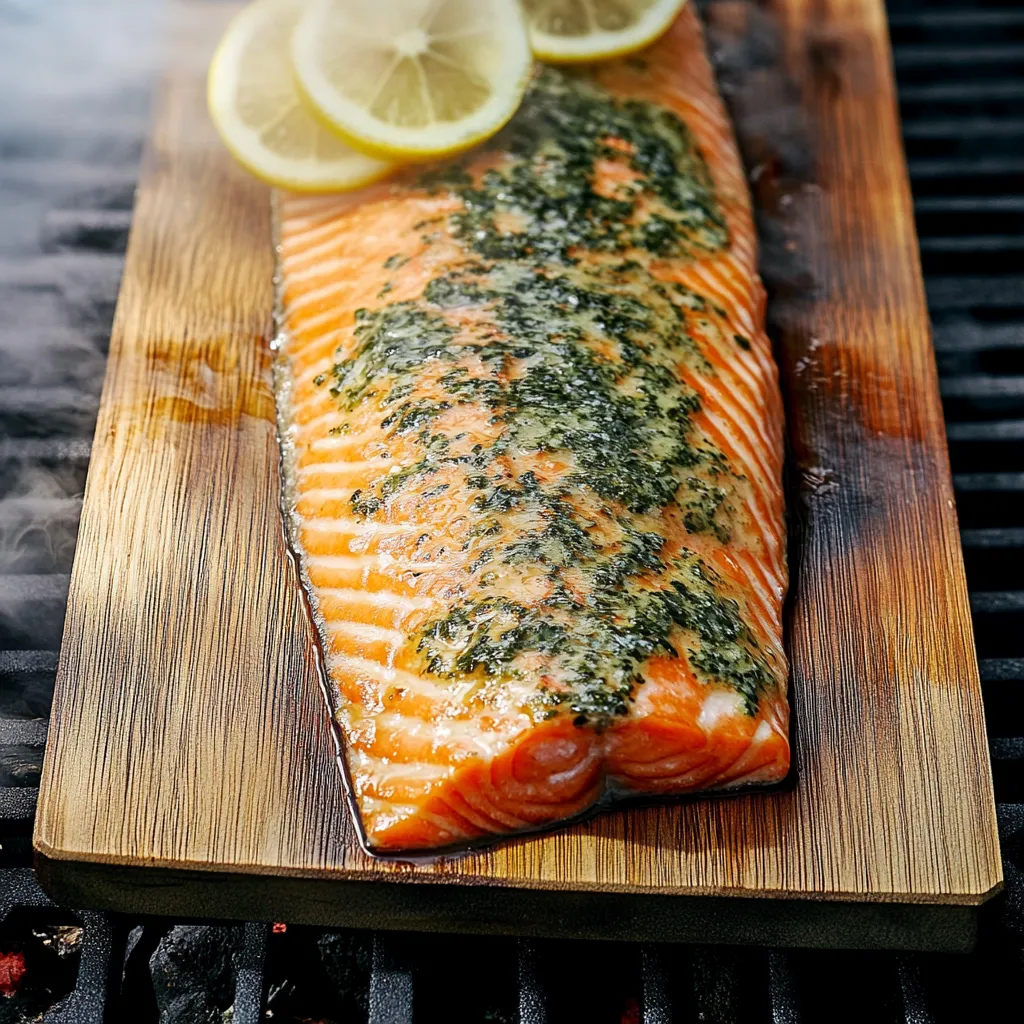 Ein Salmonfilet mit grünem Gewürz auf einem Holzbrett.