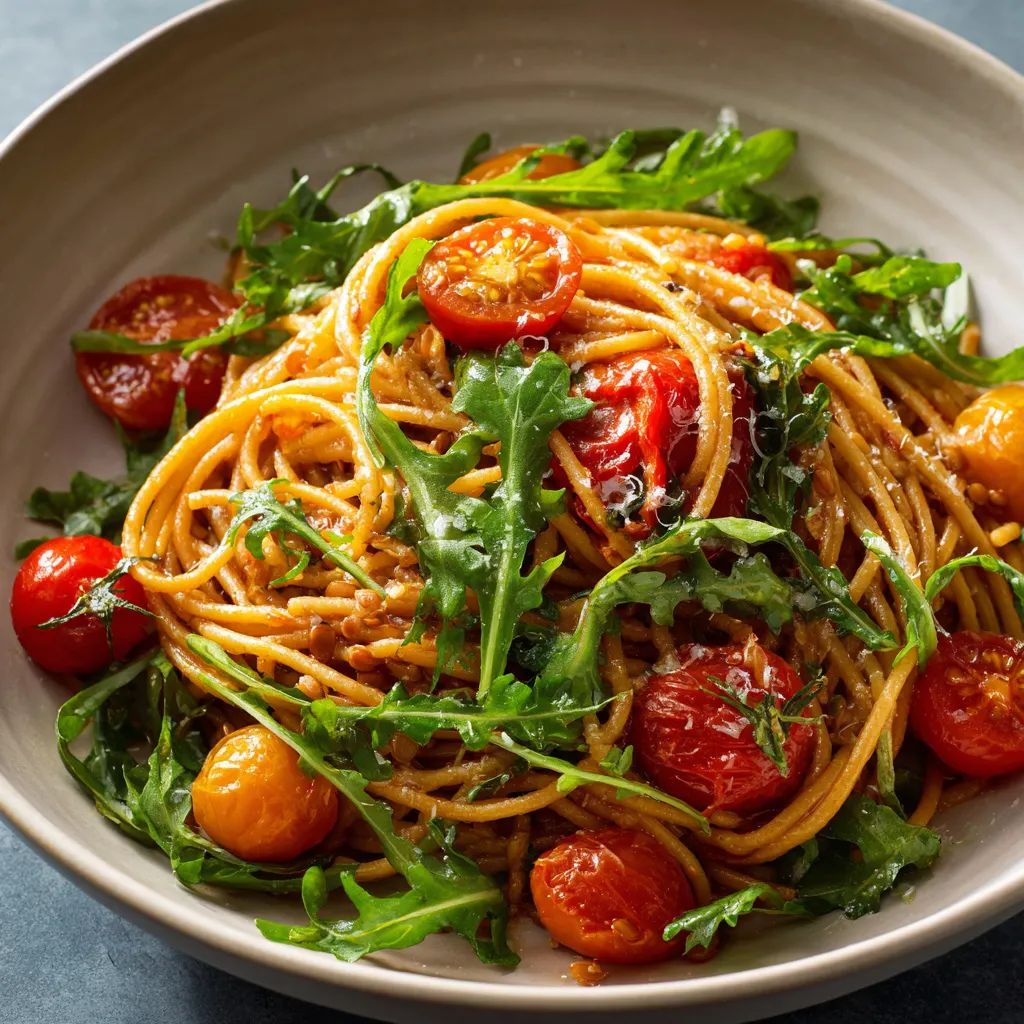 Ein weißer Teller mit einer Mischung aus Spaghetti, Tomaten, Basilikum und Zwiebeln.