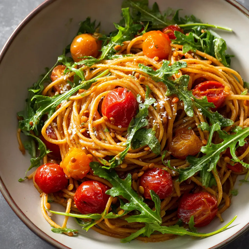 Ein weißer Teller mit einer Mischung aus Spaghetti, Tomaten, Basilikum und Zwiebeln.