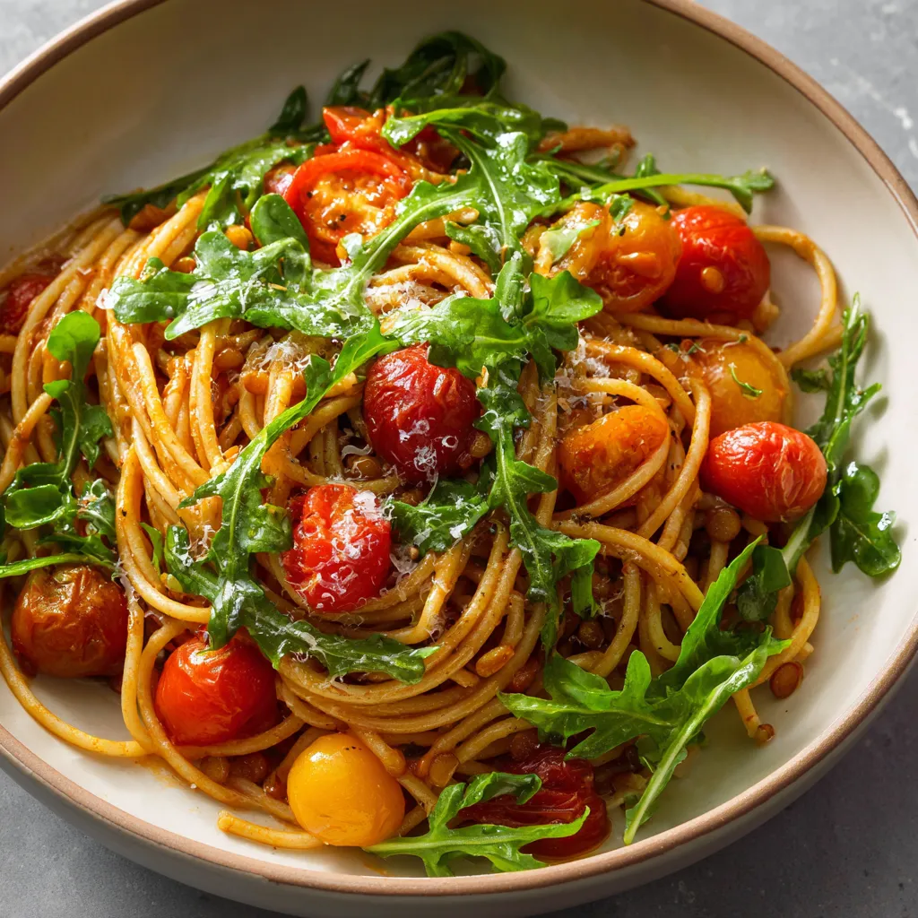 Ein weißer Teller mit einer Mischung aus Spaghetti, Tomaten, Basilikum und Zwiebeln.