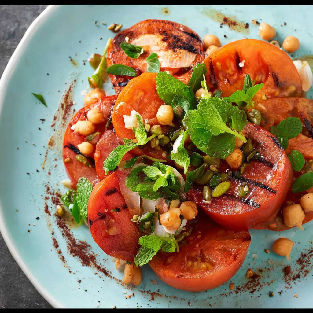 Eine Platte mit frischem Tomaten, Chickpeas, Mint und Salat.