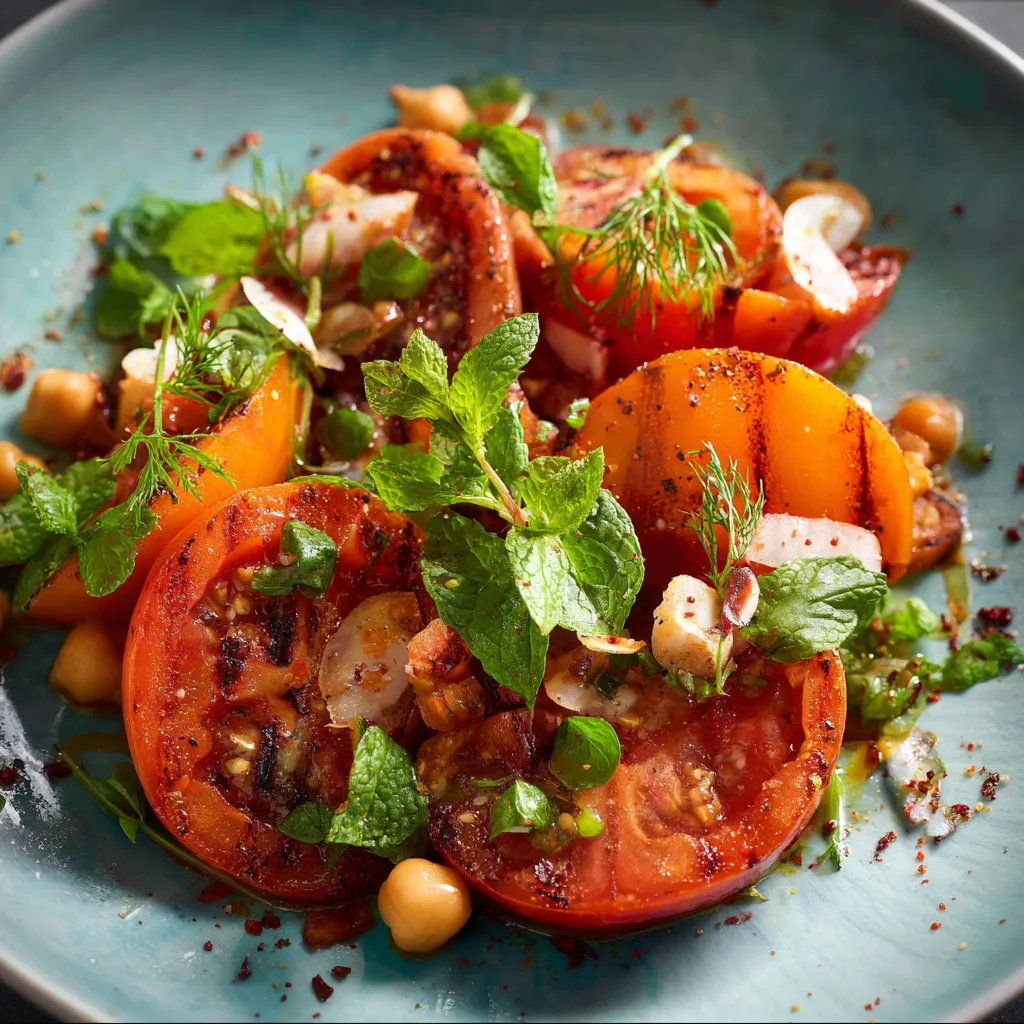 Ein Schmelztopf mit frischem Tomaten, Zwiebeln, Nüssen und Salat.