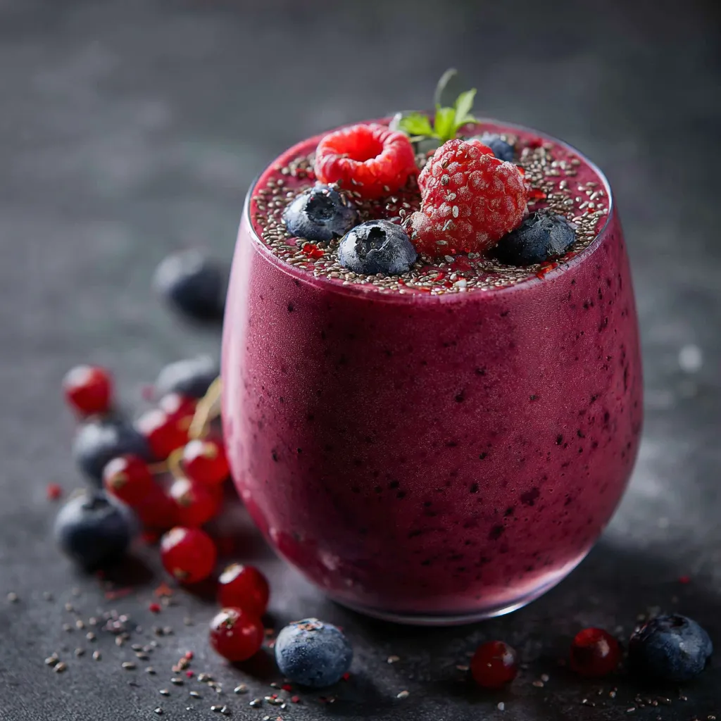 Ein Glas mit einer Mischung aus Blau- und Raspberry-Smoothie, die mit Raspberries und Blaubeeren garniert ist.