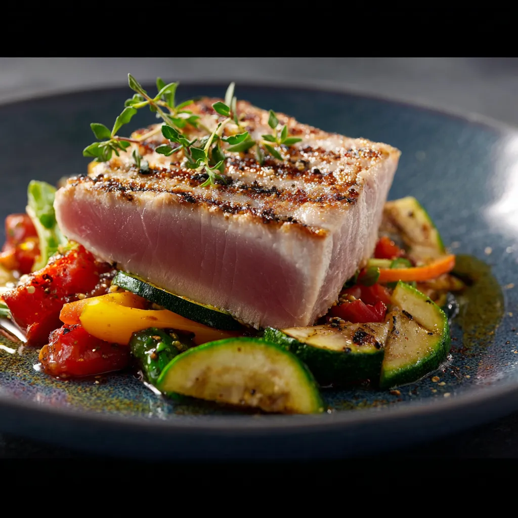 Eine Platte mit frischem Fisch, Zucchini, Tomaten, Paprika und Basilikum.