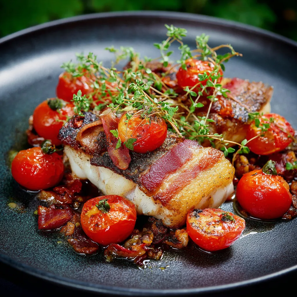 Ein schönes Gericht aus Fisch, Tomaten und Baumwolle auf einem schwarzen Teller.