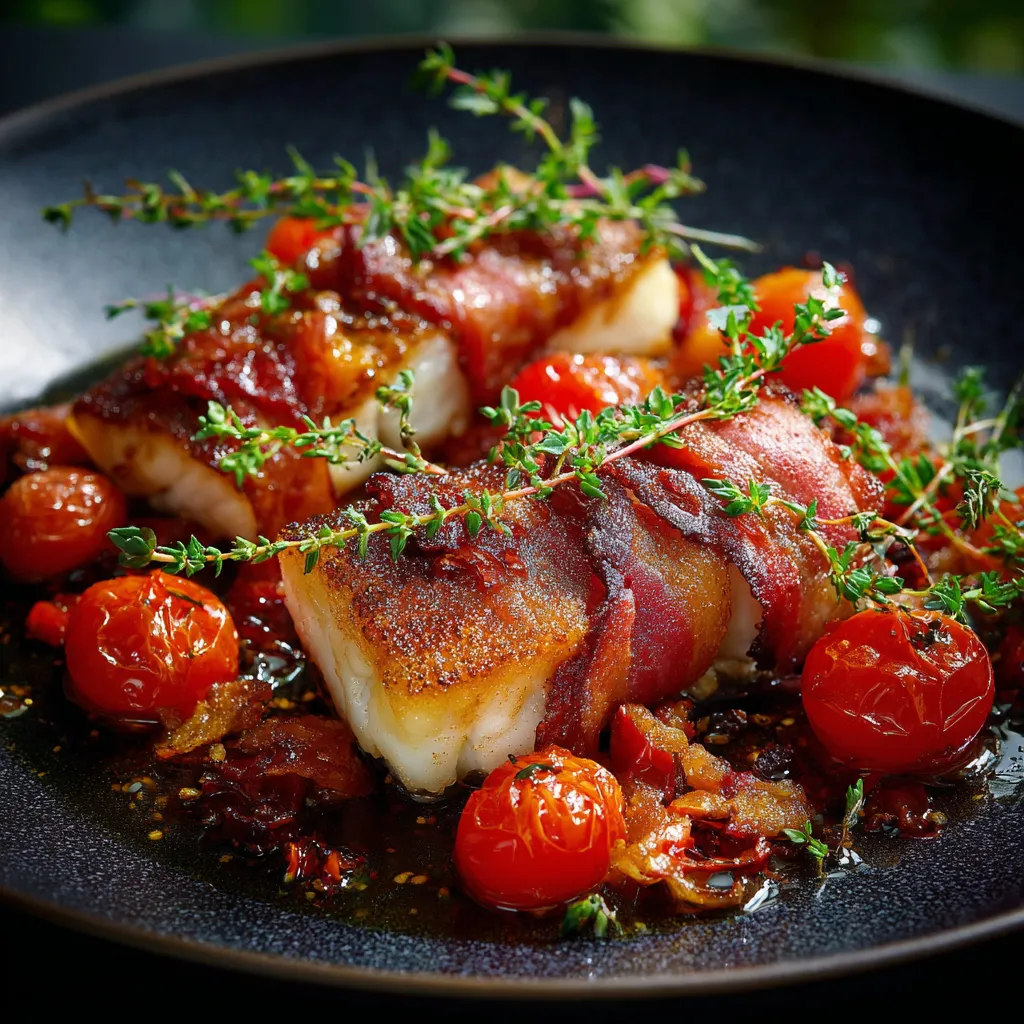 Ein schönes Gericht auf einem schwarzen Teller, das aus Salat, Tomaten, Bacon und Fisch besteht.
