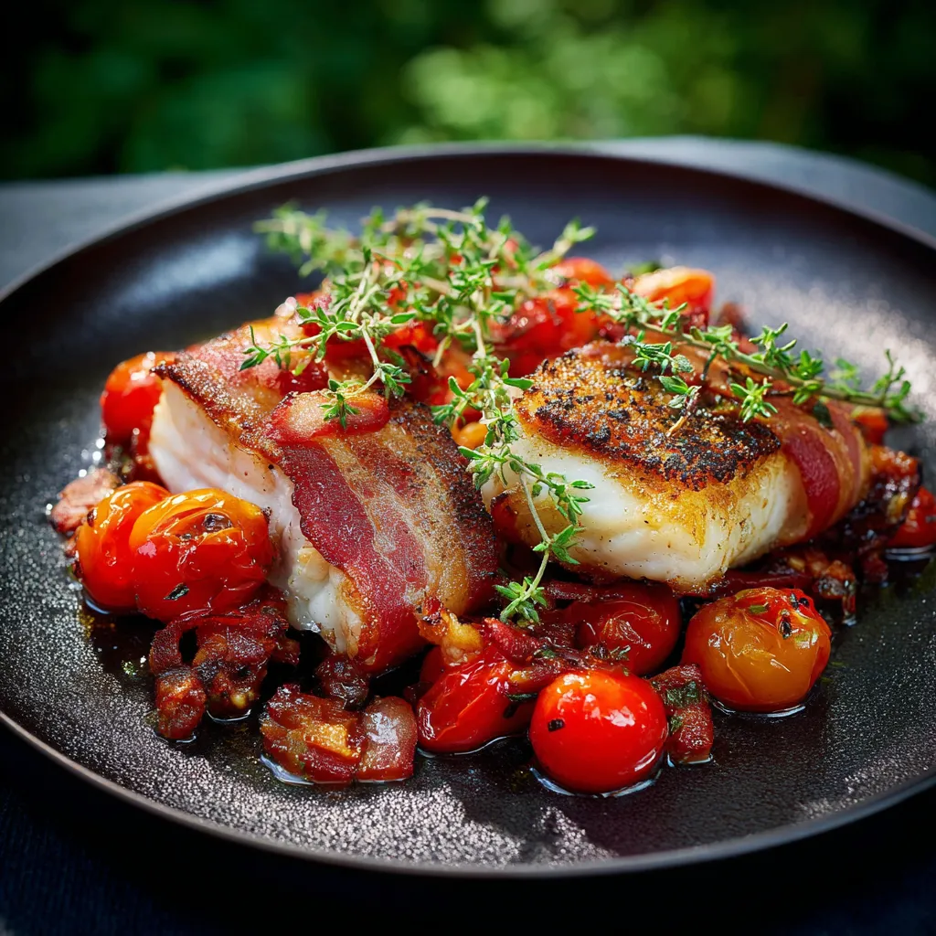 Ein schönes Gericht auf einem Teller, bestehend aus Tomaten, Bacon, Salat und Fisch.